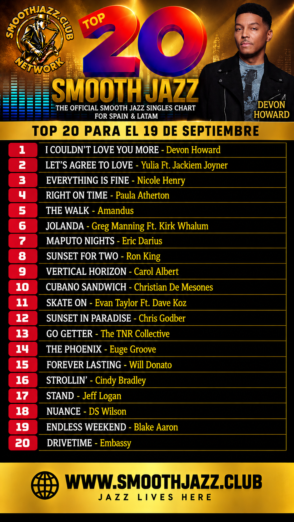 Smooth Jazz TOP 20 September 19, 2026 featuring Devon Howard at No. 1